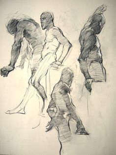 three sketches of people in different poses, one is standing and the other is walking