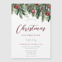 the christmas celebration card is shown with pine cones and red baubs on it