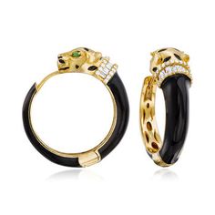 Ross-Simons - .88ct t.w. White Zircon, .10ct t.w. Green Chrome Diopside Panther Hoop Earrings Over, Black Enamel. 1". Flaunt our fierce hoops! Here, .88 ct. t.w. white zircon collars and .10 ct. t.w. green chrome diopside marquise eyes adorn the brave panthers. Crafted in polished 18kt yellow gold over sterling silver with black enamel. Hanging length is 1". Hinged post, green chrome diopside and white zircon panther hoop earrings. Mens Diamond Jewelry, Green Chrome, Enamel Ring, Enamel Jewelry, Jewelry Earrings Hoops, Fine Jewellery Earrings, Black Enamel, Sterling Earrings, Panther