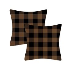 two brown and black buffalo plaid pillows on white background with clippings for text