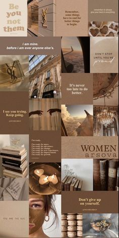 a collage of different images with the words women in brown and gold on them