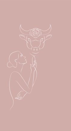 a drawing of a woman holding a rose in front of a bull's head