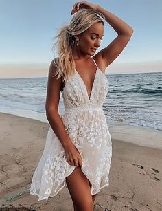 Lace Beach Dress, Backless Dress Summer, White Lace Shorts, 파티 드레스, Dress Sleeve Length, Looks Party, Short Prom Dress, Backless Mini Dress, Styl Boho