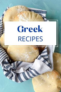 greek bread in a bowl with the words greek recipes over it and on top of them