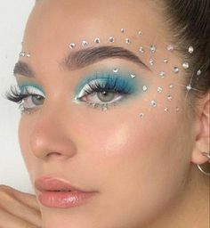 Mermaid Rhinestone Makeup, Acrobat Makeup, Mermaid Theme Outfit, Senior Traditions, Blue Festival Makeup, Bonnaroo 2023, Mermaid Inspired Makeup, Disco Mermaid, Ocean Makeup