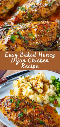 baked honey diy chicken recipe with broccoli and mashed potatoes