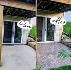 before and after photos of a patio with stone walls, brick pavers and wooden pergolated walkway