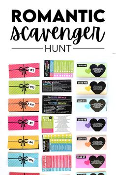 a bunch of different types of cards with the words romantic scavenger hunt on them