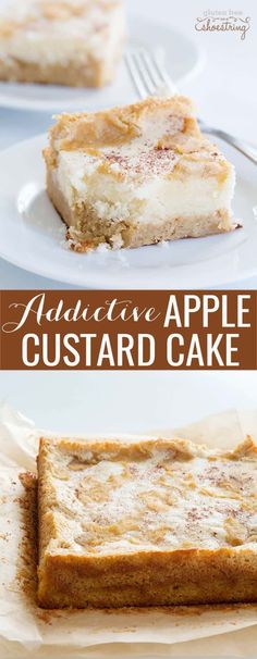 there are two slices of apple custard cake on the plate