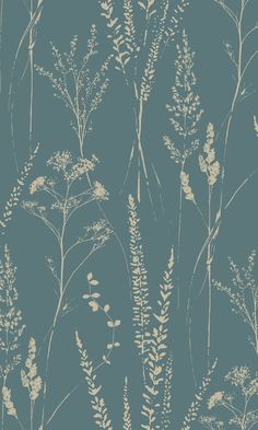 a blue wallpaper with white plants on it