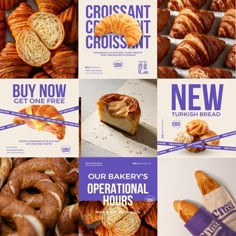 there are many different types of breads and pastries in this photo collage