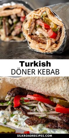 two pictures with different types of food and the words turkish doneer kebab