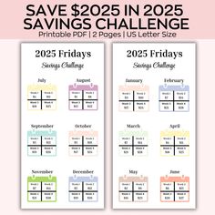 two printable calendars with the words save $ 20 95 in 205 savings challenge