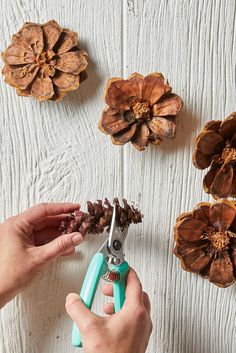 someone is cutting up some pine cones on a white wooden table with scissors and flowers