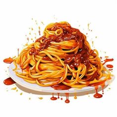 a plate full of spaghetti with sauce on the side and spilled over it's sides