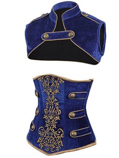 Love the intricate embroidery, matching trim, and shrug! Cool Corset Tops, Blue Corset Dresses, Blue Velvet Corset, Moda Steampunk, Authentic Corsets, Corset Steampunk, Corset Design, Velvet Corset, Top Corset