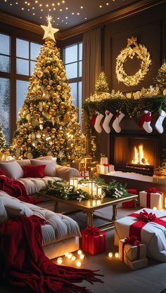 a living room decorated for christmas with presents