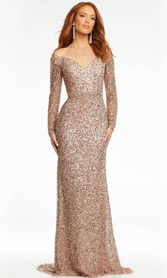 Ashley Lauren - 11176 Long Sleeve Sequin Gown Train Fashion, Ashley Lauren, Sequin Evening Gowns, Sheath Skirt, Off Shoulder Gown, Dramatic Style, Trumpet Gown, Halter Gown, One Shoulder Gown