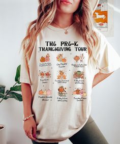 The Comfort Colors® Pre-K Thanksgiving Tour Teacher Shirt is perfect for any preschool teacher. This cute fall turkey t-shirt makes an excellent Thanksgiving gift and is great for showing appreciation. Celebrate the season with this fun and festive thankful teacher tee. Product Description for shirt: ⇝ Comfort Colors® brand shirt ⇝ Garment-dyed, 100% cotton (vintage look) ⇝ Unisex adult sizing ⇝ Props used in photos are NOT included with purchase SIZE ⇝ Take a look at the photos to see a specifi Preschool Teacher Shirts, Photo Care, Teacher Tees, Preschool Teacher, Thanksgiving Gift, Thanksgiving Shirts, Teacher Tshirts, Branded Shirts, Look Plus