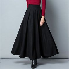 High Waist Elastic A-Line Wool Maxi Skirt    SIZE (CM) Hip Waist Long Length  Mid-Long Length    S  56-68 86  76    M  60-72 86  76    L  64-76 86  76    XL  68-82 86  76    2XL  72-86 86  76    3XL  76-90 86  76 Wool Maxi Skirt, Maxi Skirt Winter, Winter Maxi, Style Transformation, Rock Outfit, Outfits Winter, Wool Skirts, Pleated Midi Skirt, Skirts With Pockets