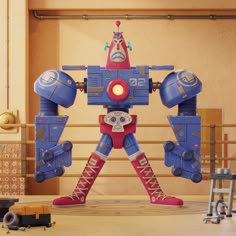 a toy robot standing on top of a wooden table