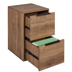 an office file cabinet with two drawers and a note pad in the bottom drawer, on a white background