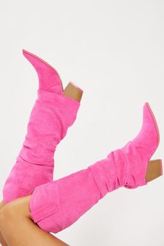 Available In Black And Pink. Knee High Flat Boots Pointed Toe 2.75" Mid Heel Imported | City Cowgirl Flat Boots in Pink size 6.5 by Fashion Nova