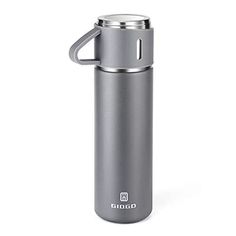 thermos stainless steel water bottle is shown with an open lid and loop handle