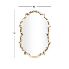 an oval mirror on a white background with measurements for the frame and top half of it