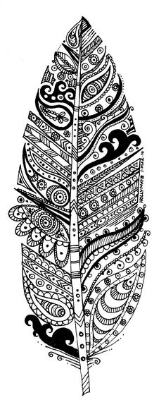 a black and white drawing of a feather with paisley patterns on it's feathers