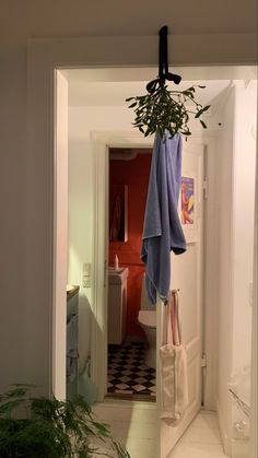 an open door leading to a bathroom with towels hanging from the hooks and potted plants