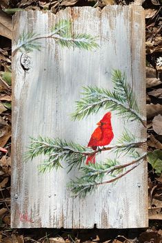 a red bird sitting on top of a piece of wood next to leaves and pine needles