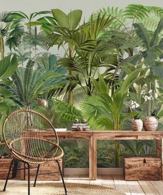 a room filled with lots of green plants and wooden tables in front of a wall mural