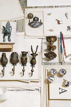 various items are displayed on the table with pens and paper clips in front of them