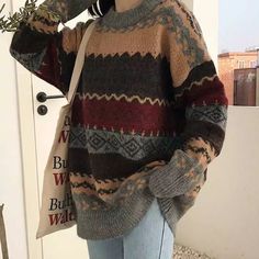 Striped Jumpers, Wide Knit Sweater, Grandma Sweater, Grandpa Sweater, Jacquard Sweater, Loose Pullover, Swaggy Outfits, Loose Sweater, Sweaters Knitwear