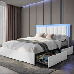 42023950745642|42023950778410 White Queen Bed Frame, Light Headboard, White Queen Bed, Led Beds, Bed Frame With Drawers, White Bed Frame, Led Bed Frame, Headboard With Lights, Full Size Bed Frame