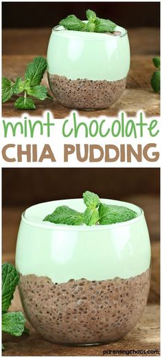 mint chocolate chia pudding in a glass bowl