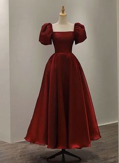 Wine Red Short Sleeves Tea Length Wedding Party Dress Wine Red Prom Dress, Ankle Length Prom Dress, Organza Dresses, डिजाइनर कपड़े, Vintage Evening Gowns, Bridal Gowns Vintage, Evening Gowns With Sleeves, A Line Evening Dress, Evening Dresses With Sleeves