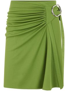 apple green crepe texture draped detailing ruched detailing silver-tone hardware wrap design high waist belted waist buckle fastening thigh-length asymmetric hem Farfetch Skirts, Green Wrap Skirt, Belted Mini Skirt, Chic Skirts, Stylish Skirts, Draped Skirt, Sewing Design, Sewing Skirts, Paco Rabanne