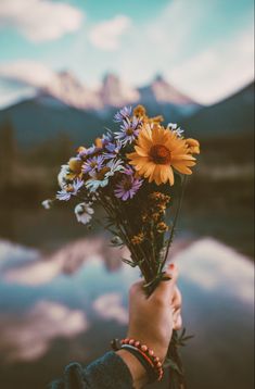 a person holding a bouquet of flowers in their hand with mountains and water in the background