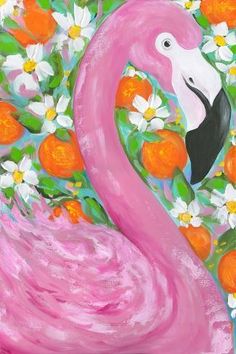 a painting of a pink flamingo surrounded by flowers