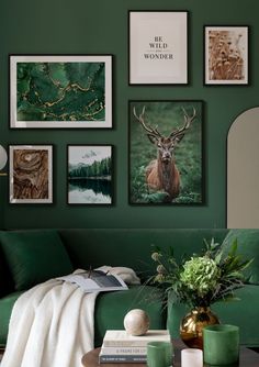 a living room with green walls and pictures on the wall, including deer's head