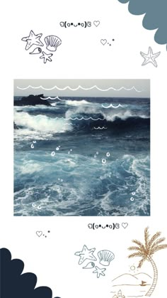 an ocean scene with waves and birds in the sky, on top of a white background