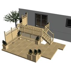 a wooden deck with planters and potted trees