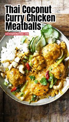 thai coconut curry chicken meatballs with white rice and cucumber garnish