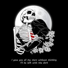 a skeleton hugging a woman in front of a full moon with flowers on the ground