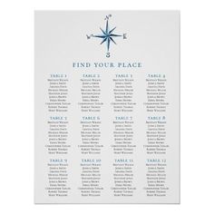 a seating chart for a wedding with a compass on the top and blue lettering in white