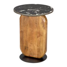 a wooden table with black marble top and metal base on an isolated white background for use as a side table