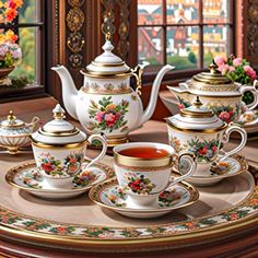 there is a tea set on the table