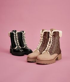 COACH Leighton Signature Shearling Trimmed Combat Boots | Dillard's Coach Boots, Crafts Beautiful, Dillard's, Global Fashion, Creative Director, Combat Boots, Clothing Accessories, Heel Height, Boots